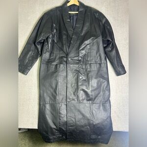 Vintage 90s Comint Black Genuine Leather Trench Coat Unisex L Double Breasted